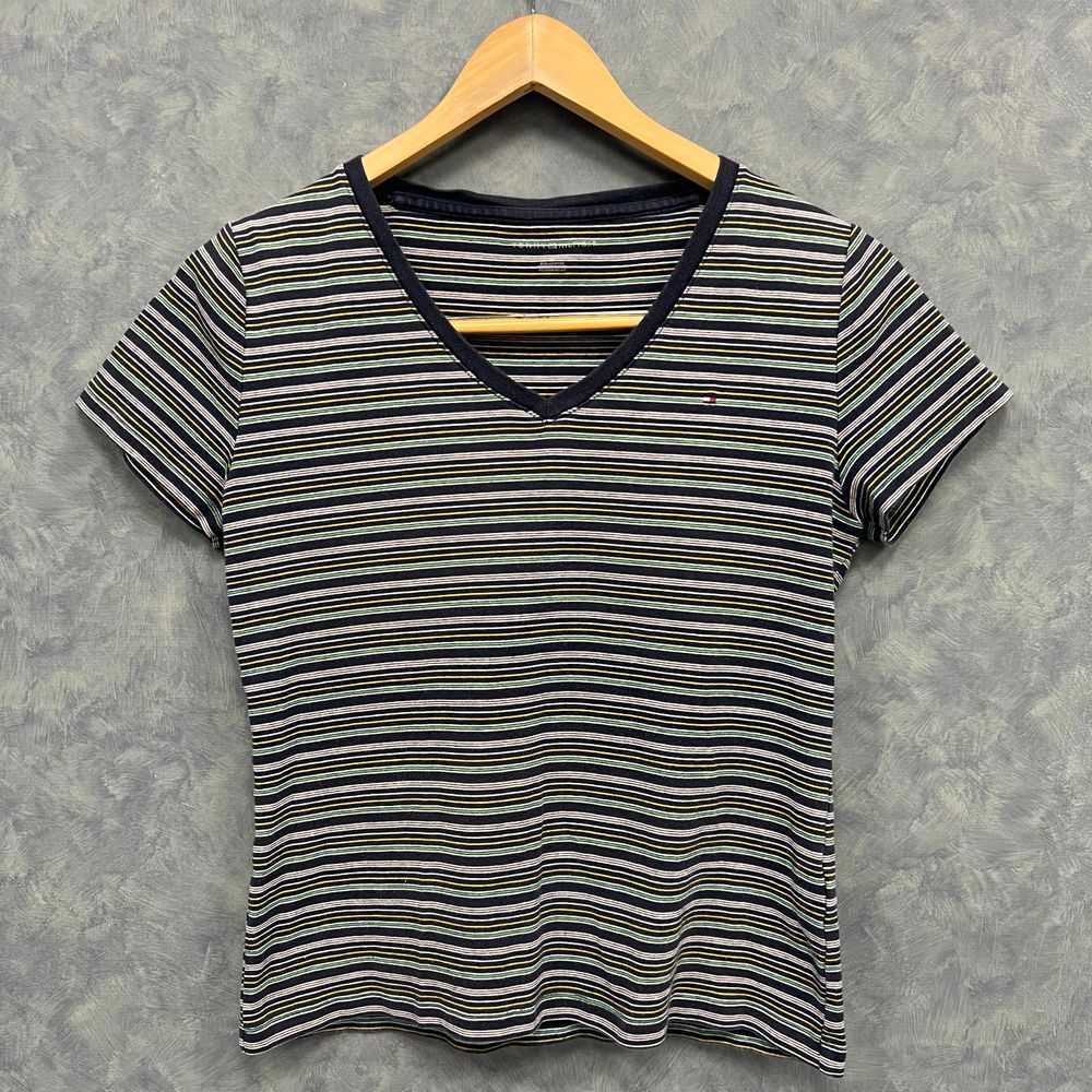 Tommy Hilfiger Womens V-Neck‎ Striped T-Shirt Navy Blue Green Cotton Small